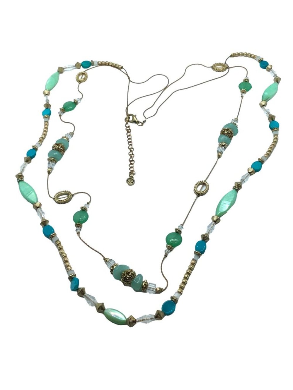 C1946 Necklace Double Strand Layered Beaded Gold Tone Blue Casual Work Wear Boho - Picture 2 of 3